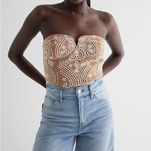 Express, Tan & Cream - Embroidered Eyelet V-Wire Tube Top